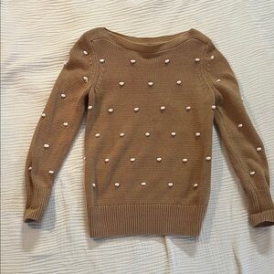 LOFT Tan Sweater with Pom Pom Details
